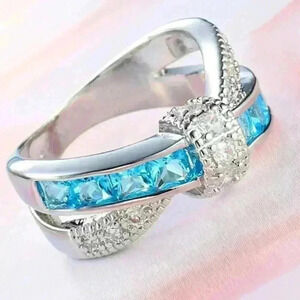 🔥925 Silver Plated Sea Blue CZ Punk Party Cocktail Ring Women, GPMB1405